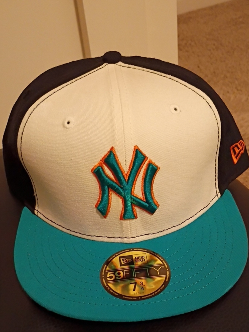 New Era White, Teal & Navy NY Logo 59FIFTY Fitted Cap